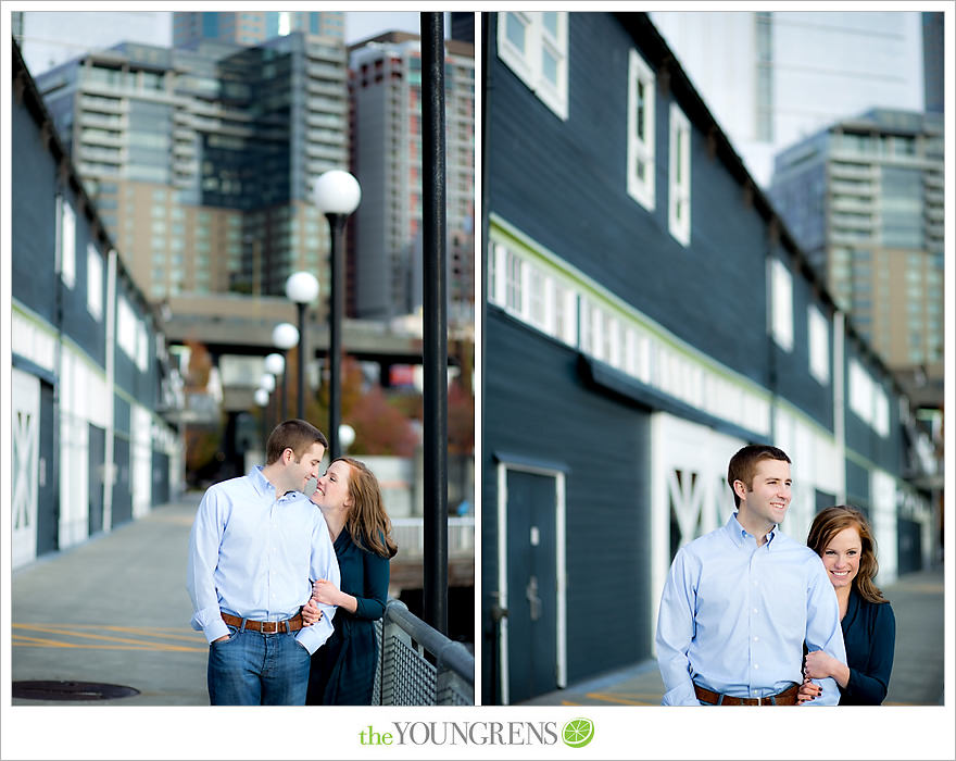 Seattle engagement, athletic, outdoors, urban, city, rain, clouds, Pike Place, water, boats, 