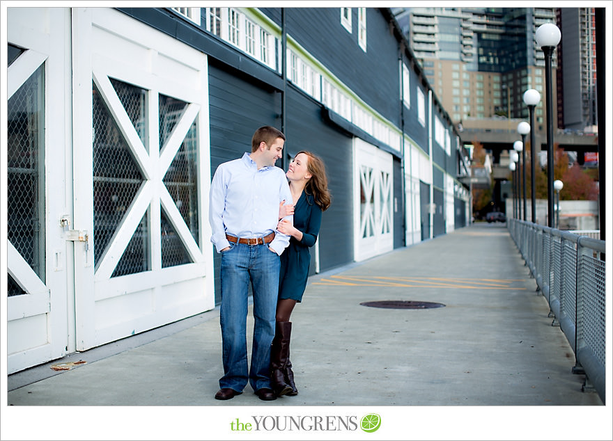 Seattle engagement, athletic, outdoors, urban, city, rain, clouds, Pike Place, water, boats, 