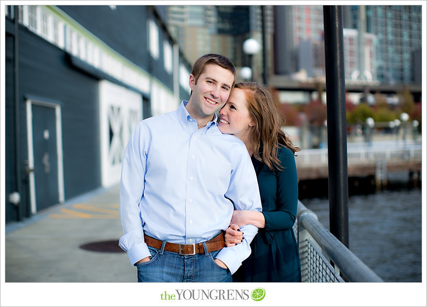 Seattle engagement, athletic, outdoors, urban, city, rain, clouds, Pike Place, water, boats, 