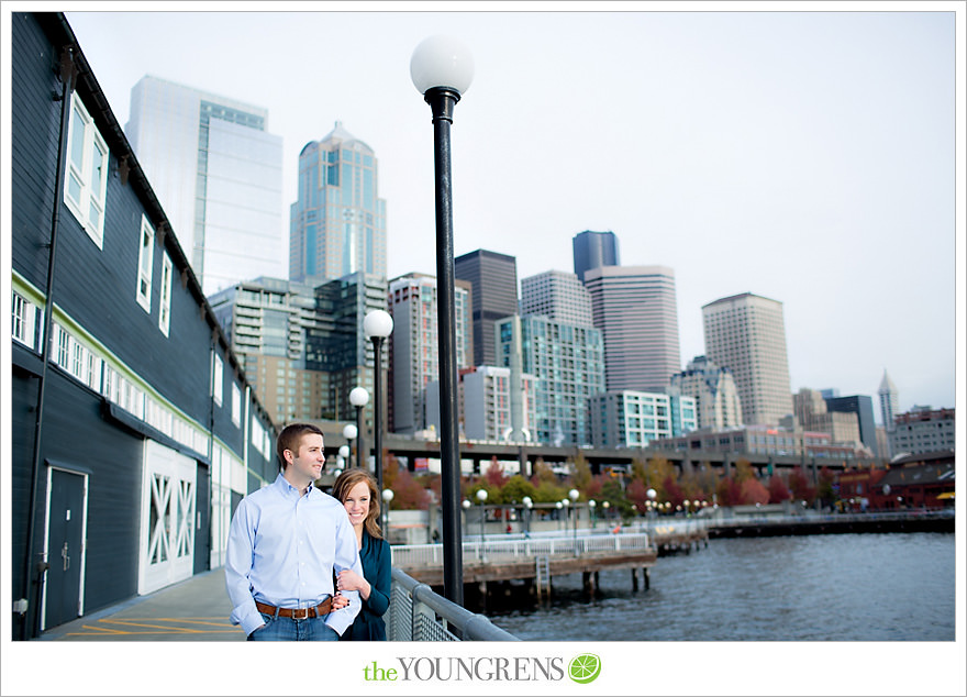 Seattle engagement, athletic, outdoors, urban, city, rain, clouds, Pike Place, water, boats, 