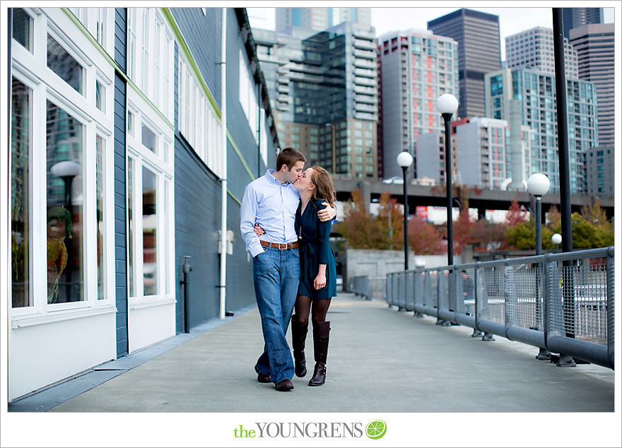 Seattle engagement, athletic, outdoors, urban, city, rain, clouds, Pike Place, water, boats, 