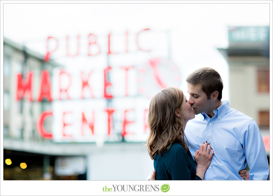 Seattle engagement, athletic, outdoors, urban, city, rain, clouds, Pike Place, water, boats, 