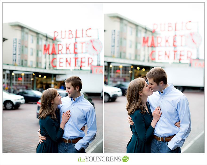 Seattle engagement, athletic, outdoors, urban, city, rain, clouds, Pike Place, water, boats, 
