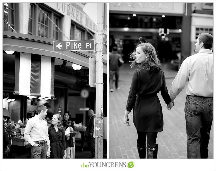 Seattle engagement, athletic, outdoors, urban, city, rain, clouds, Pike Place, water, boats, 