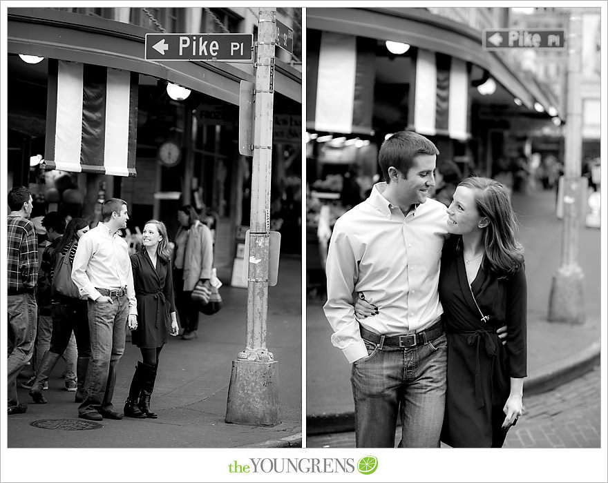 Seattle engagement, athletic, outdoors, urban, city, rain, clouds, Pike Place, water, boats, 