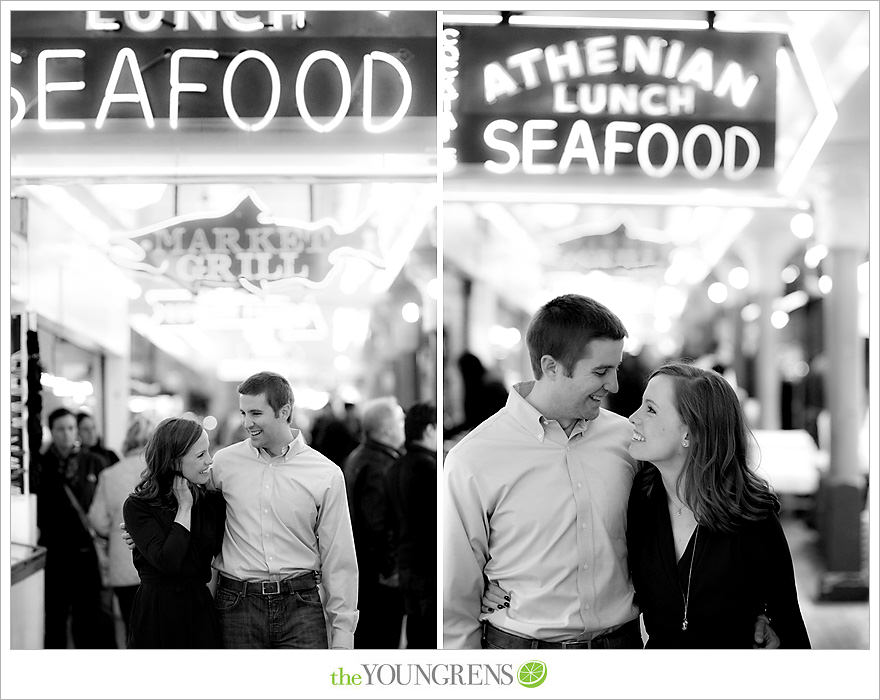 Seattle engagement, athletic, outdoors, urban, city, rain, clouds, Pike Place, water, boats, 