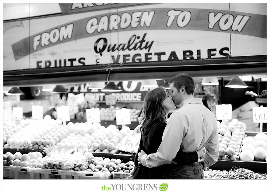 Seattle engagement, athletic, outdoors, urban, city, rain, clouds, Pike Place, water, boats, 