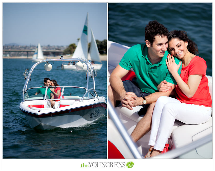 Mission Bay engagement session, wakeboarding engagement session, engagement session on a boat, motor boat engagement, Nautique engagement session, Downtown San Diego engagement session, Petco Park engagement, Hilton Bayfront bridge engagement, Gaslamp engagement session, urban engagement session, San Diego engagement session