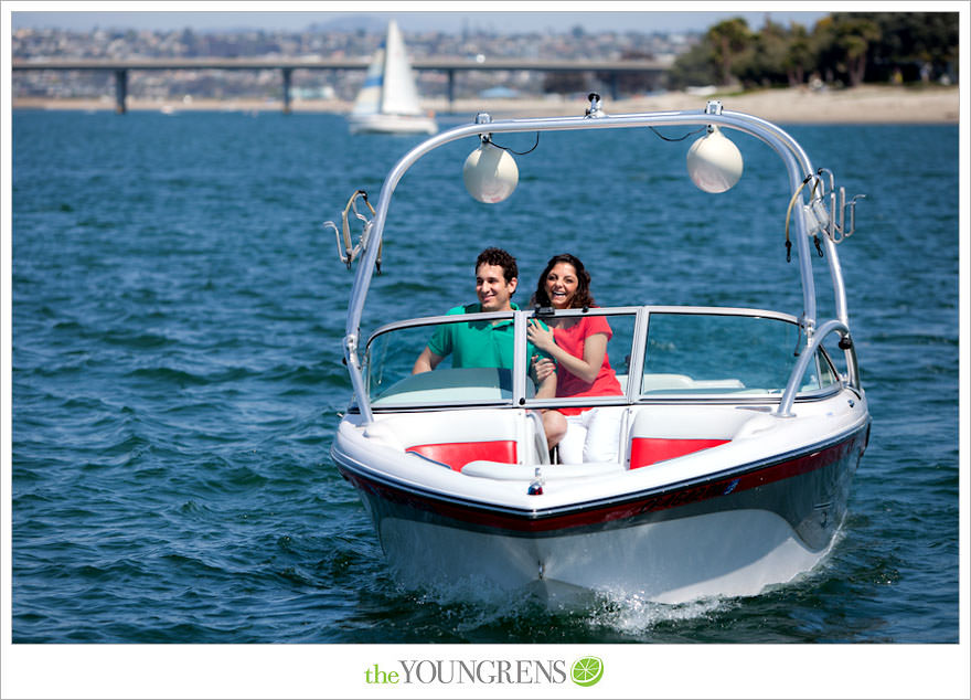 Mission Bay engagement session, wakeboarding engagement session, engagement session on a boat, motor boat engagement, Nautique engagement session, Downtown San Diego engagement session, Petco Park engagement, Hilton Bayfront bridge engagement, Gaslamp engagement session, urban engagement session, San Diego engagement session