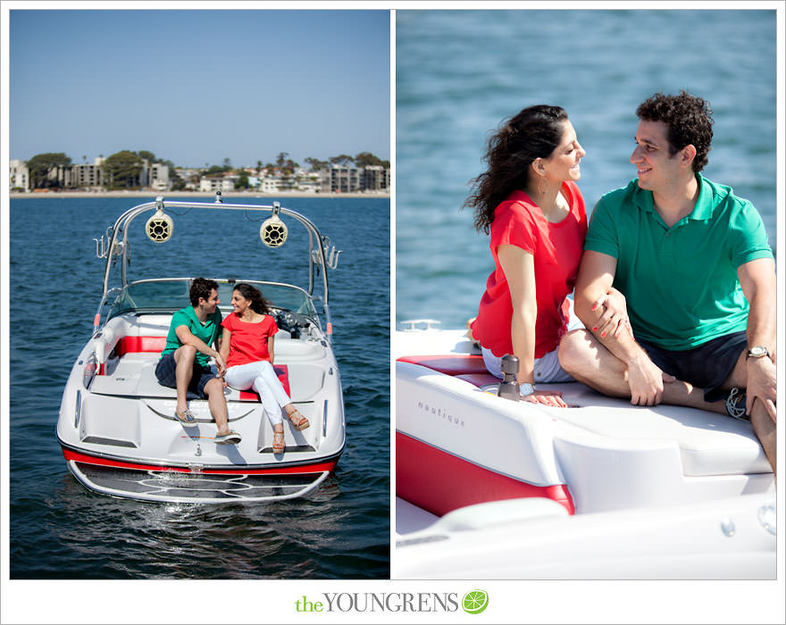 Mission Bay engagement session, wakeboarding engagement session, engagement session on a boat, motor boat engagement, Nautique engagement session, Downtown San Diego engagement session, Petco Park engagement, Hilton Bayfront bridge engagement, Gaslamp engagement session, urban engagement session, San Diego engagement session