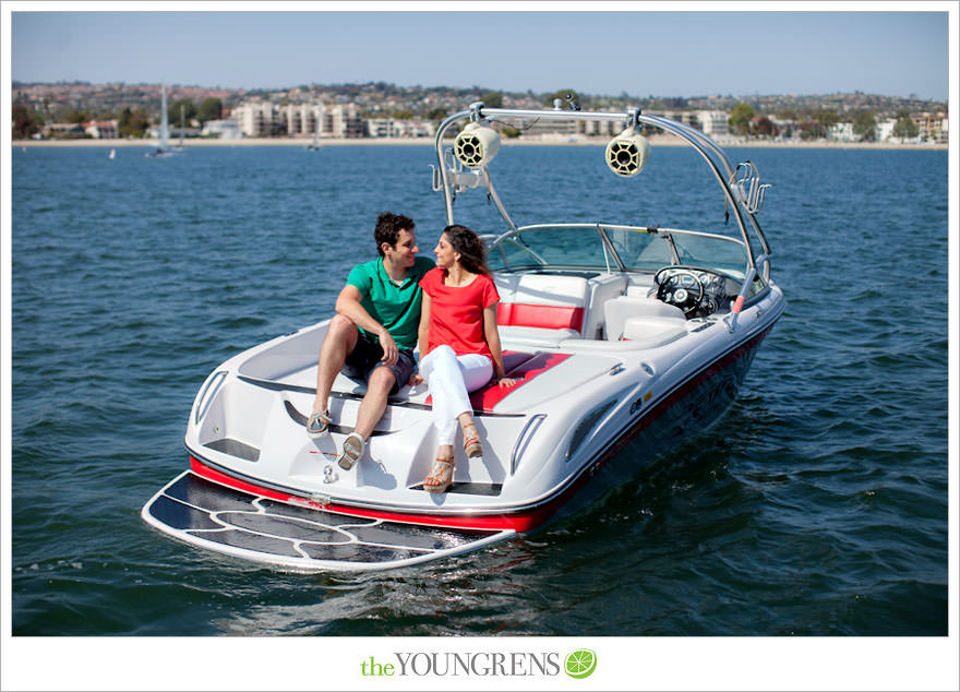 Mission Bay engagement session, wakeboarding engagement session, engagement session on a boat, motor boat engagement, Nautique engagement session, Downtown San Diego engagement session, Petco Park engagement, Hilton Bayfront bridge engagement, Gaslamp engagement session, urban engagement session, San Diego engagement session