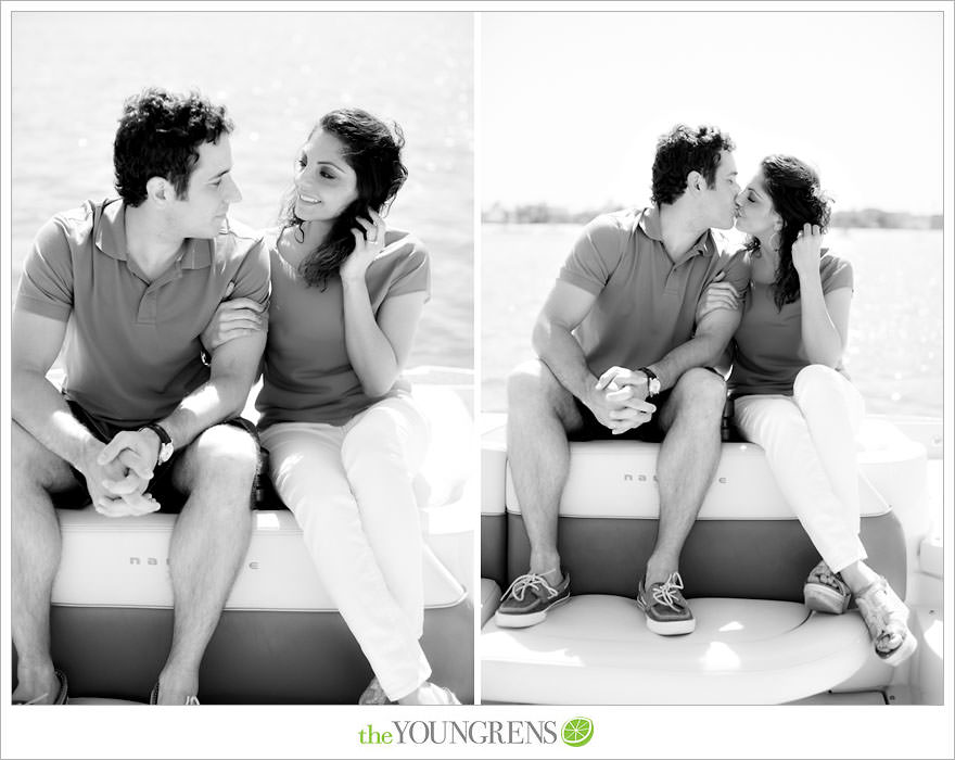 Mission Bay engagement session, wakeboarding engagement session, engagement session on a boat, motor boat engagement, Nautique engagement session, Downtown San Diego engagement session, Petco Park engagement, Hilton Bayfront bridge engagement, Gaslamp engagement session, urban engagement session, San Diego engagement session