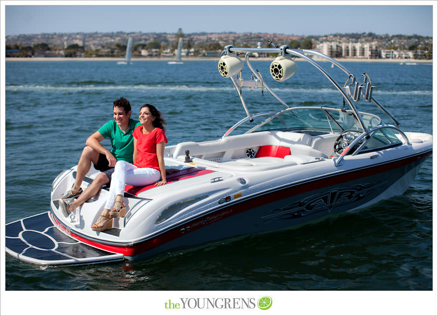 Mission Bay engagement session, wakeboarding engagement session, engagement session on a boat, motor boat engagement, Nautique engagement session, Downtown San Diego engagement session, Petco Park engagement, Hilton Bayfront bridge engagement, Gaslamp engagement session, urban engagement session, San Diego engagement session
