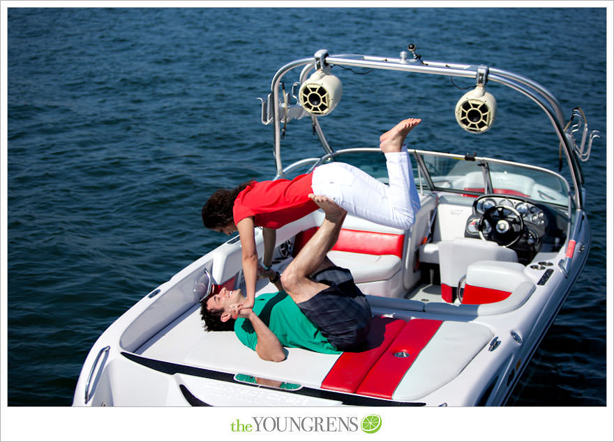 Mission Bay engagement session, wakeboarding engagement session, engagement session on a boat, motor boat engagement, Nautique engagement session, Downtown San Diego engagement session, Petco Park engagement, Hilton Bayfront bridge engagement, Gaslamp engagement session, urban engagement session, San Diego engagement session