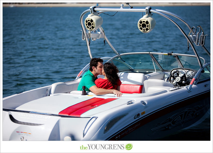 Mission Bay engagement session, wakeboarding engagement session, engagement session on a boat, motor boat engagement, Nautique engagement session, Downtown San Diego engagement session, Petco Park engagement, Hilton Bayfront bridge engagement, Gaslamp engagement session, urban engagement session, San Diego engagement session