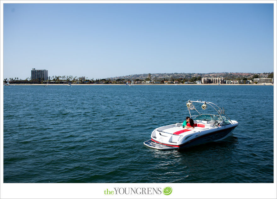 Mission Bay engagement session, wakeboarding engagement session, engagement session on a boat, motor boat engagement, Nautique engagement session, Downtown San Diego engagement session, Petco Park engagement, Hilton Bayfront bridge engagement, Gaslamp engagement session, urban engagement session, San Diego engagement session