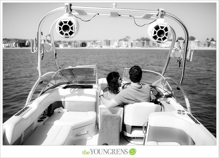 Mission Bay engagement session, wakeboarding engagement session, engagement session on a boat, motor boat engagement, Nautique engagement session, Downtown San Diego engagement session, Petco Park engagement, Hilton Bayfront bridge engagement, Gaslamp engagement session, urban engagement session, San Diego engagement session