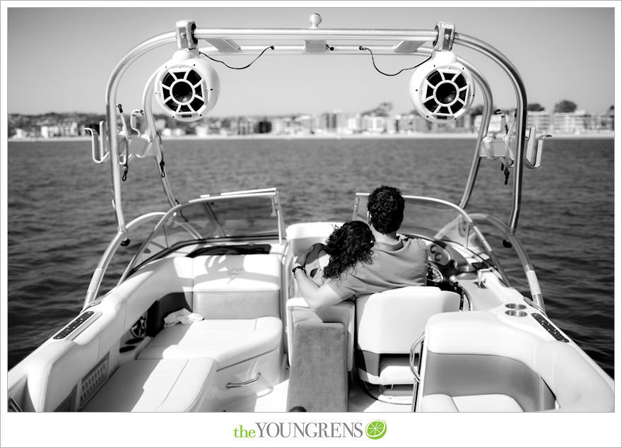 Mission Bay engagement session, wakeboarding engagement session, engagement session on a boat, motor boat engagement, Nautique engagement session, Downtown San Diego engagement session, Petco Park engagement, Hilton Bayfront bridge engagement, Gaslamp engagement session, urban engagement session, San Diego engagement session