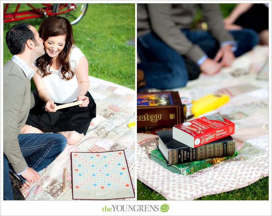 Balboa Park engagment, game board engagement, tandem bike engagement, San Diego engagement, Scrabble engagement, Stratego engagement, game engagement, picnic engagement, bike engagement