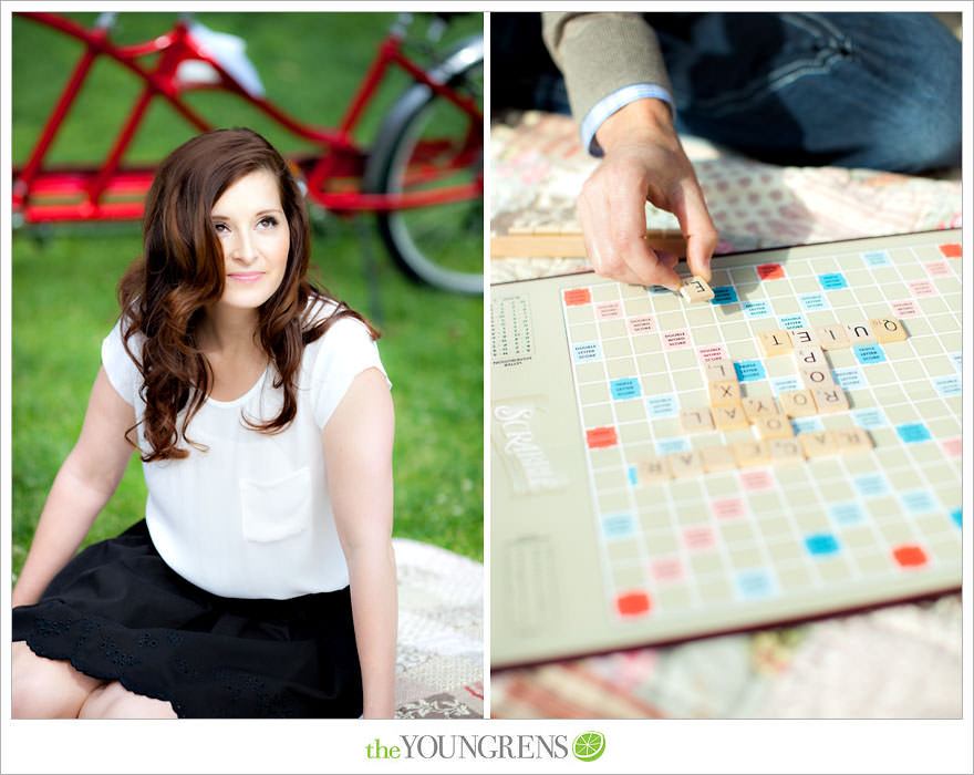 Balboa Park engagment, game board engagement, tandem bike engagement, San Diego engagement, Scrabble engagement, Stratego engagement, game engagement, picnic engagement, bike engagement