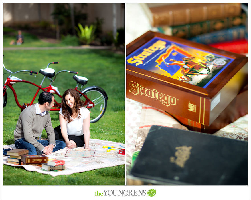 Balboa Park engagment, game board engagement, tandem bike engagement, San Diego engagement, Scrabble engagement, Stratego engagement, game engagement, picnic engagement, bike engagement