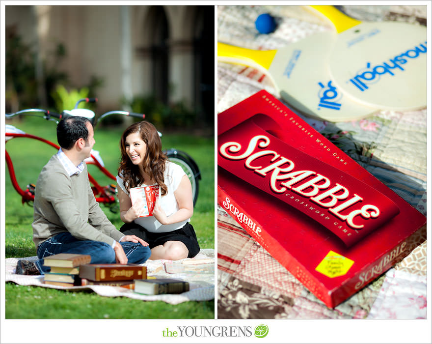 Balboa Park engagment, game board engagement, tandem bike engagement, San Diego engagement, Scrabble engagement, Stratego engagement, game engagement, picnic engagement, bike engagement