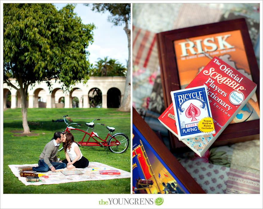 Balboa Park engagment, game board engagement, tandem bike engagement, San Diego engagement, Scrabble engagement, Stratego engagement, game engagement, picnic engagement, bike engagement