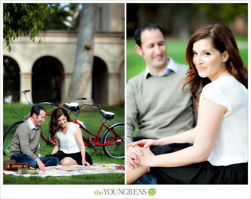 Balboa Park engagment, game board engagement, tandem bike engagement, San Diego engagement, Scrabble engagement, Stratego engagement, game engagement, picnic engagement, bike engagement