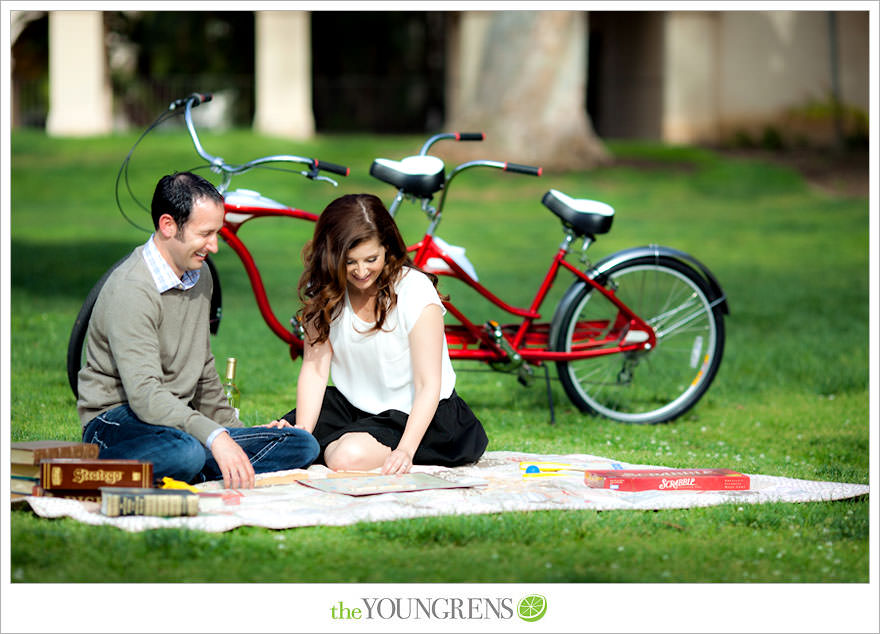 Balboa Park engagment, game board engagement, tandem bike engagement, San Diego engagement, Scrabble engagement, Stratego engagement, game engagement, picnic engagement, bike engagement