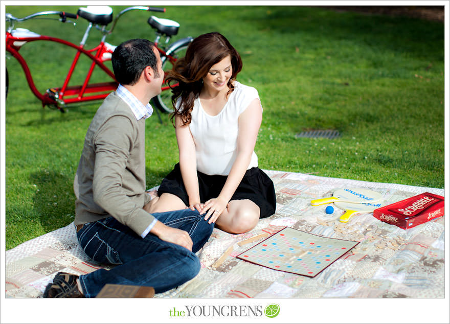 Balboa Park engagment, game board engagement, tandem bike engagement, San Diego engagement, Scrabble engagement, Stratego engagement, game engagement, picnic engagement, bike engagement