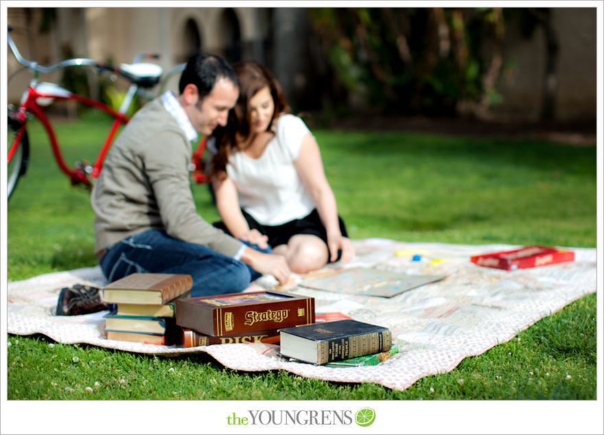 Balboa Park engagment, game board engagement, tandem bike engagement, San Diego engagement, Scrabble engagement, Stratego engagement, game engagement, picnic engagement, bike engagement