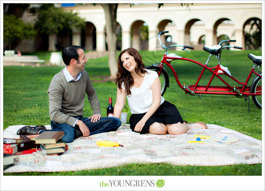 Balboa Park engagment, game board engagement, tandem bike engagement, San Diego engagement, Scrabble engagement, Stratego engagement, game engagement, picnic engagement, bike engagement