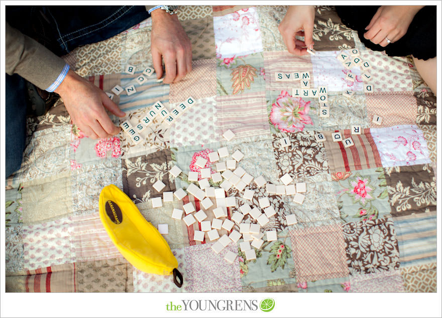 Balboa Park engagment, game board engagement, tandem bike engagement, San Diego engagement, Scrabble engagement, Stratego engagement, game engagement, picnic engagement, bike engagement