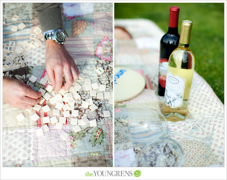 Balboa Park engagment, game board engagement, tandem bike engagement, San Diego engagement, Scrabble engagement, Stratego engagement, game engagement, picnic engagement, bike engagement