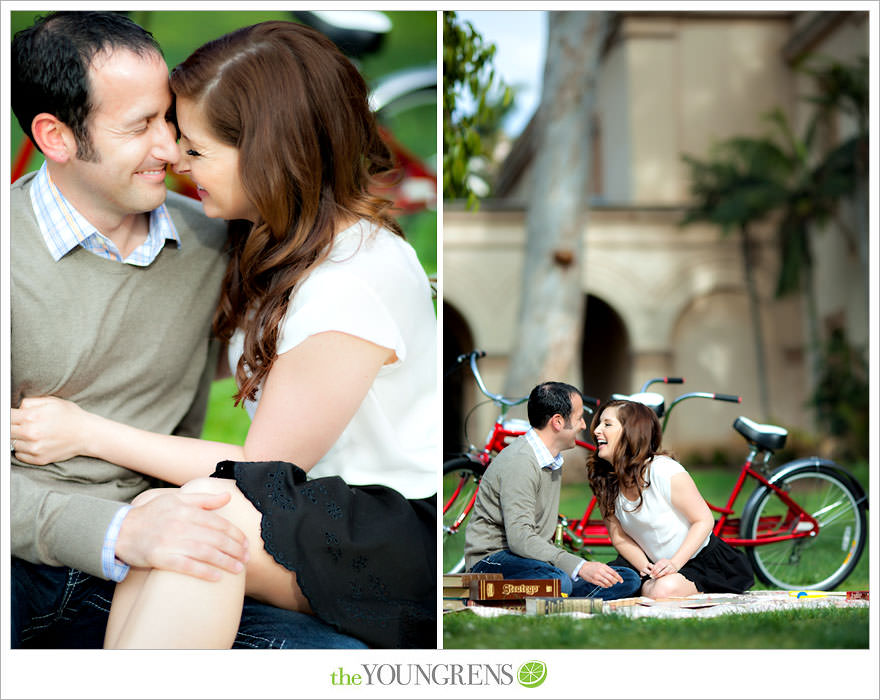 Balboa Park engagment, game board engagement, tandem bike engagement, San Diego engagement, Scrabble engagement, Stratego engagement, game engagement, picnic engagement, bike engagement