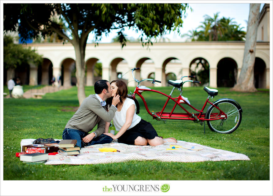 Balboa Park engagment, game board engagement, tandem bike engagement, San Diego engagement, Scrabble engagement, Stratego engagement, game engagement, picnic engagement, bike engagement