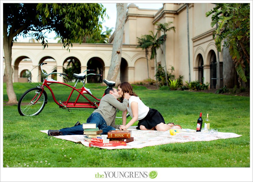 Balboa Park engagment, game board engagement, tandem bike engagement, San Diego engagement, Scrabble engagement, Stratego engagement, game engagement, picnic engagement, bike engagement