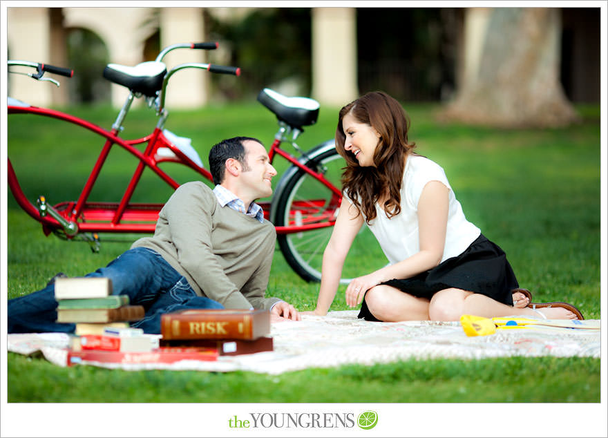 Balboa Park engagment, game board engagement, tandem bike engagement, San Diego engagement, Scrabble engagement, Stratego engagement, game engagement, picnic engagement, bike engagement