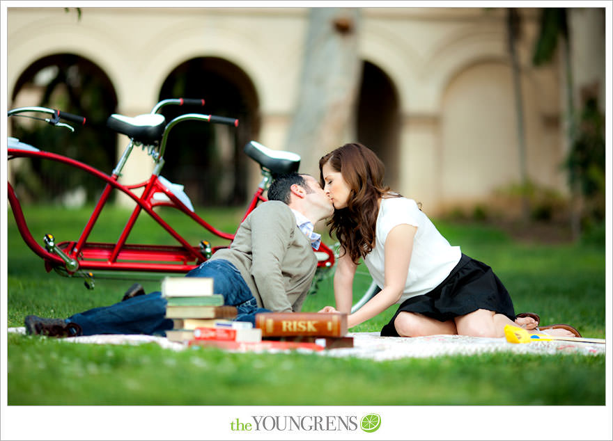 Balboa Park engagment, game board engagement, tandem bike engagement, San Diego engagement, Scrabble engagement, Stratego engagement, game engagement, picnic engagement, bike engagement