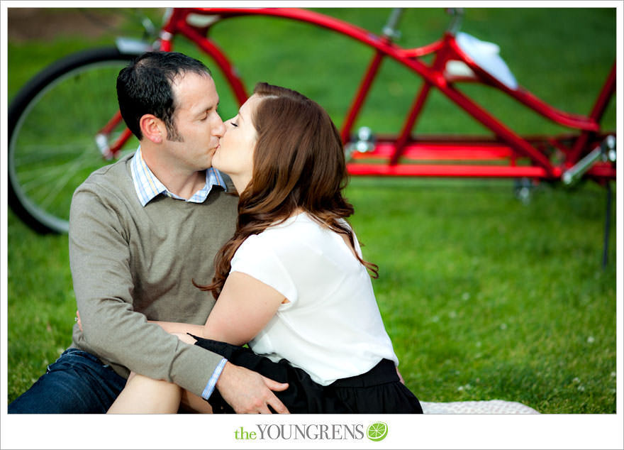 Balboa Park engagment, game board engagement, tandem bike engagement, San Diego engagement, Scrabble engagement, Stratego engagement, game engagement, picnic engagement, bike engagement