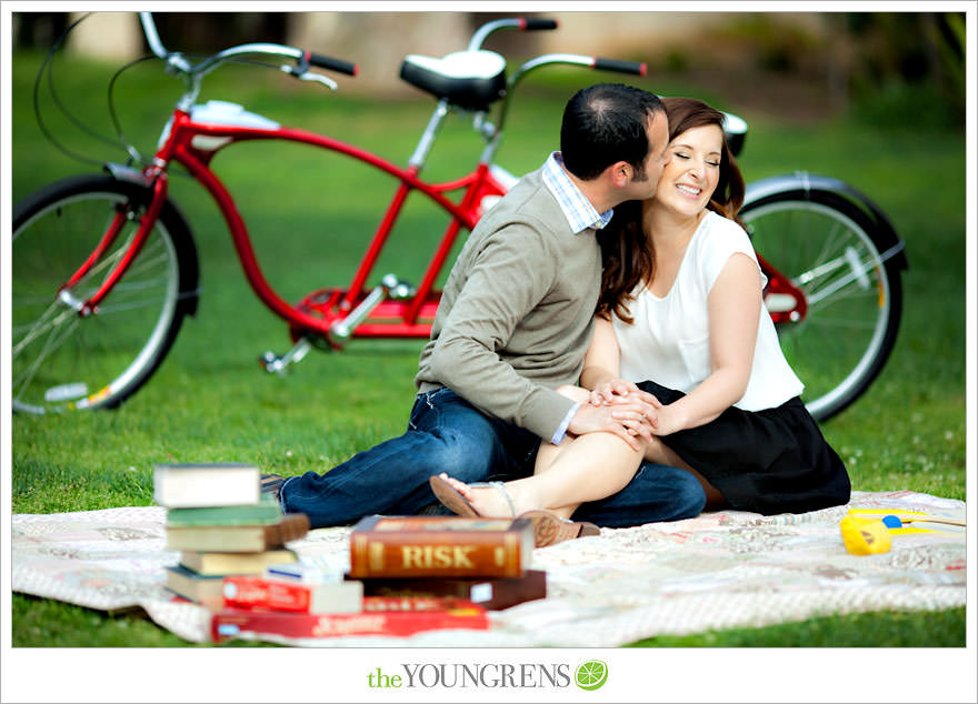 Balboa Park engagment, game board engagement, tandem bike engagement, San Diego engagement, Scrabble engagement, Stratego engagement, game engagement, picnic engagement, bike engagement