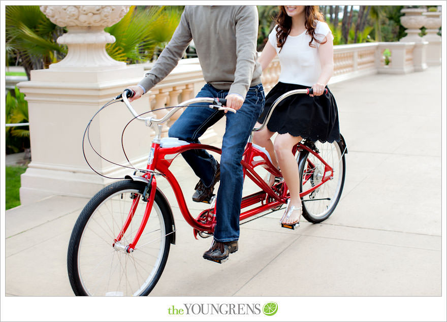 Balboa Park engagment, game board engagement, tandem bike engagement, San Diego engagement, Scrabble engagement, Stratego engagement, game engagement, picnic engagement, bike engagement