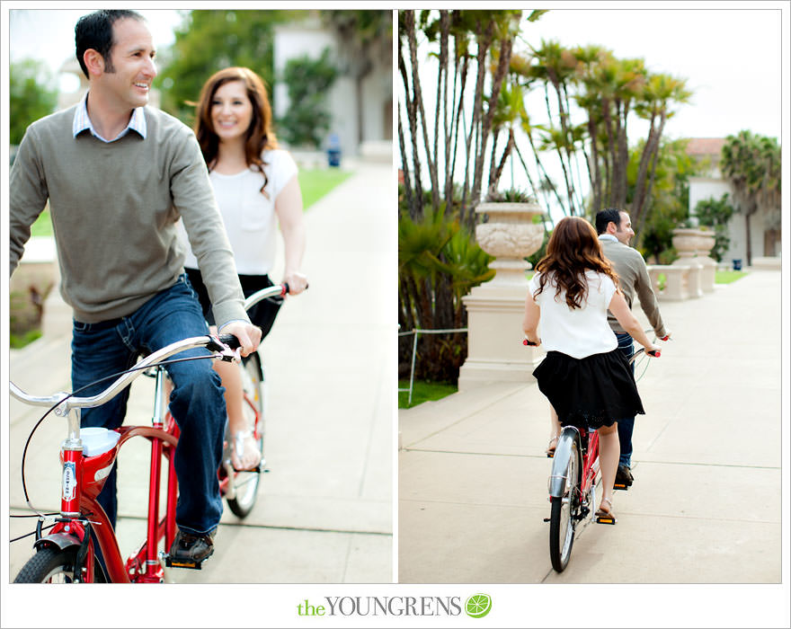 Balboa Park engagment, game board engagement, tandem bike engagement, San Diego engagement, Scrabble engagement, Stratego engagement, game engagement, picnic engagement, bike engagement