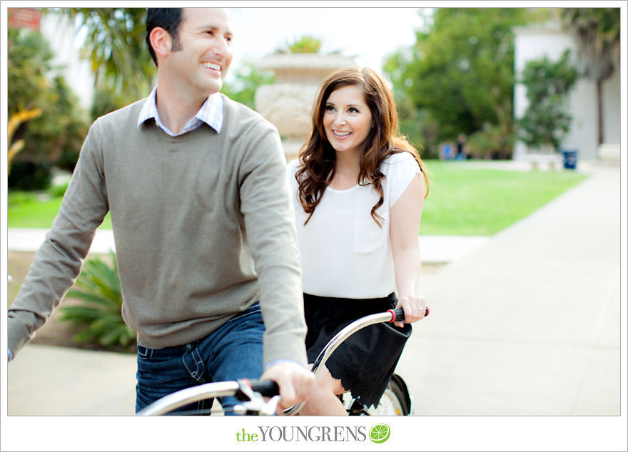 Balboa Park engagment, game board engagement, tandem bike engagement, San Diego engagement, Scrabble engagement, Stratego engagement, game engagement, picnic engagement, bike engagement