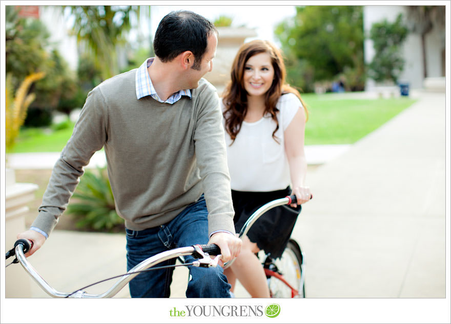 Balboa Park engagment, game board engagement, tandem bike engagement, San Diego engagement, Scrabble engagement, Stratego engagement, game engagement, picnic engagement, bike engagement