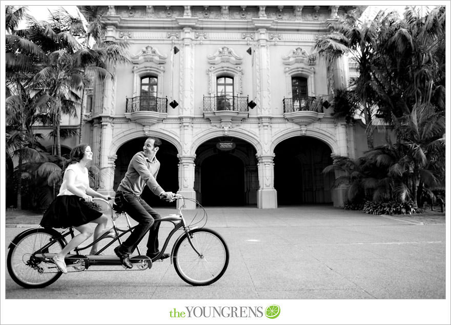 Balboa Park engagment, game board engagement, tandem bike engagement, San Diego engagement, Scrabble engagement, Stratego engagement, game engagement, picnic engagement, bike engagement