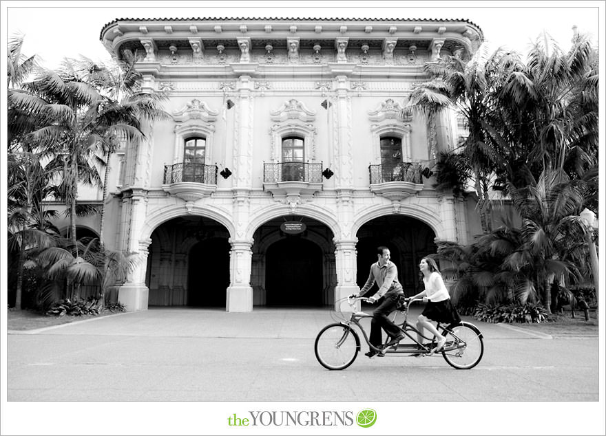 Balboa Park engagment, game board engagement, tandem bike engagement, San Diego engagement, Scrabble engagement, Stratego engagement, game engagement, picnic engagement, bike engagement