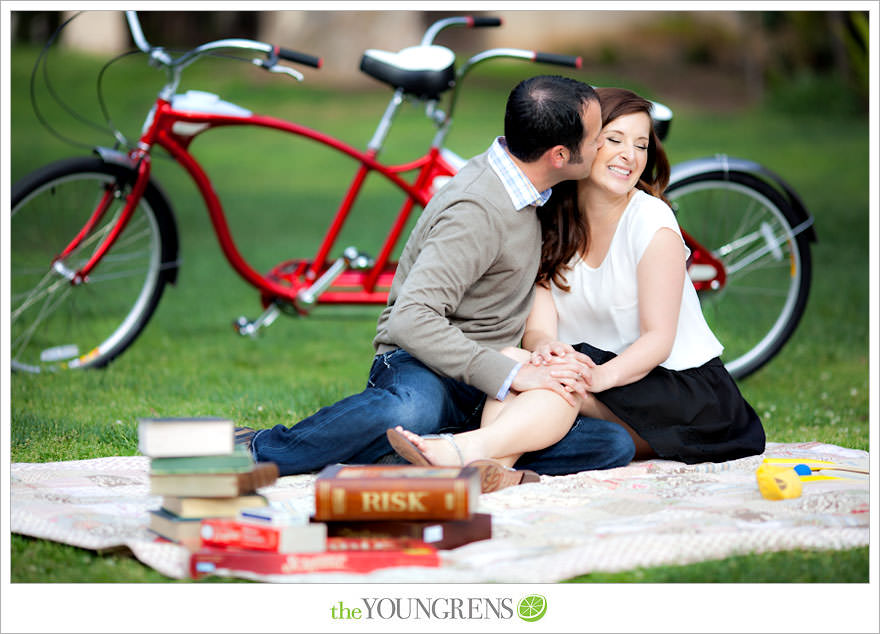 Scrabble engagement, board game engagement, tandebm bike engagement, Balboa Park engagement, San Diego engagement, picnic engagement