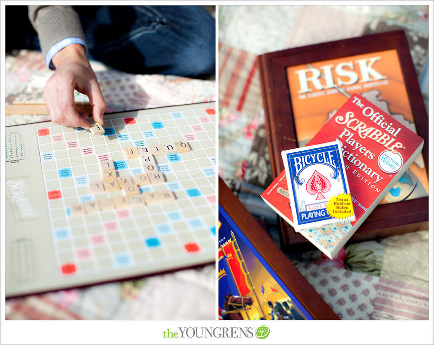 Scrabble engagement, board game engagement, tandebm bike engagement, Balboa Park engagement, San Diego engagement, picnic engagement