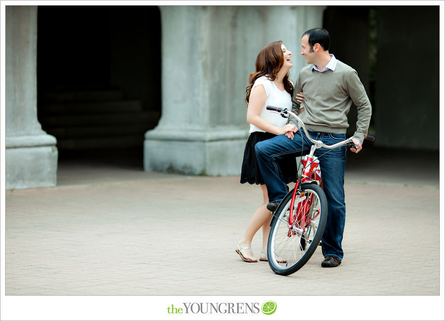 Balboa Park engagment, game board engagement, tandem bike engagement, San Diego engagement, Scrabble engagement, Stratego engagement, game engagement, picnic engagement, bike engagement